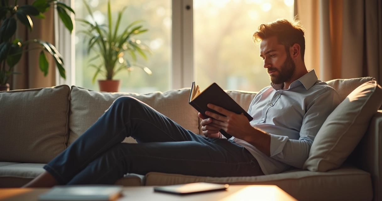 Corretor de imóveis relaxando em casa com livro nas mãos.