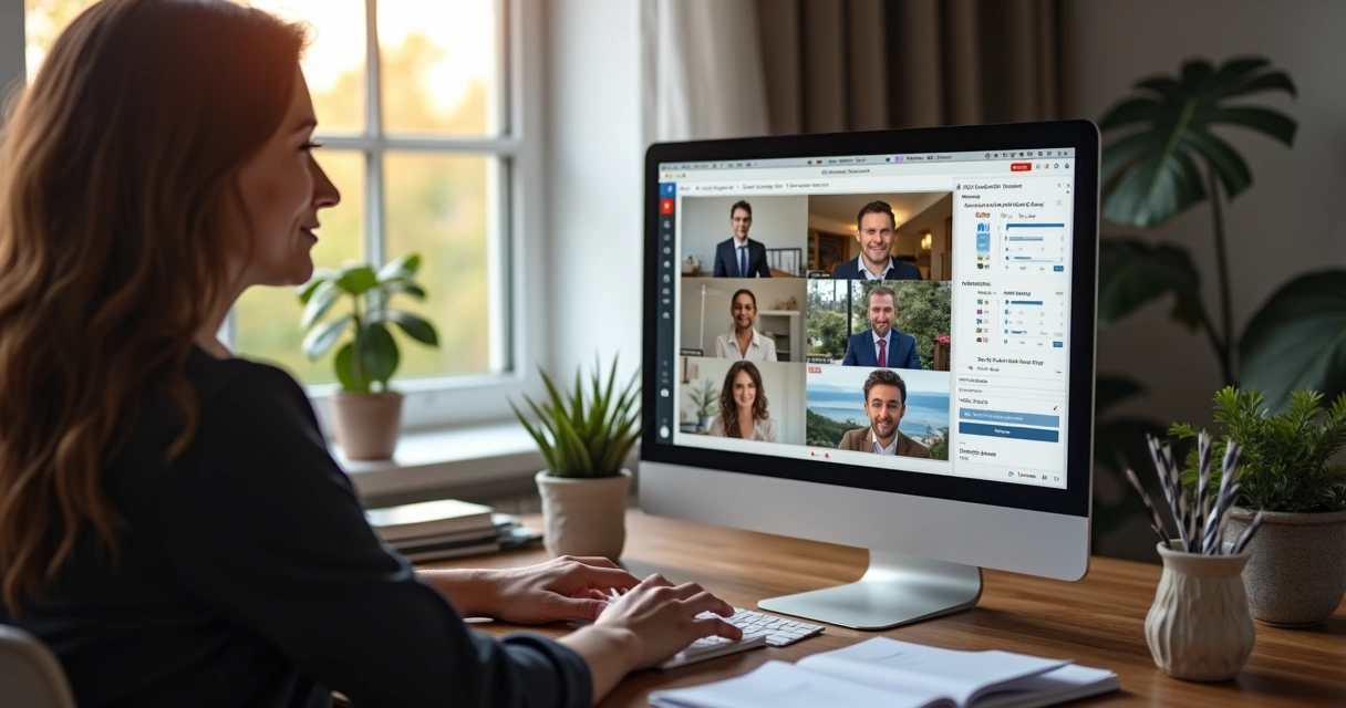 Corretor autônomo apresentando imóveis a clientes em reunião online, tela compartilhada com imóveis e gráficos de vendas. 