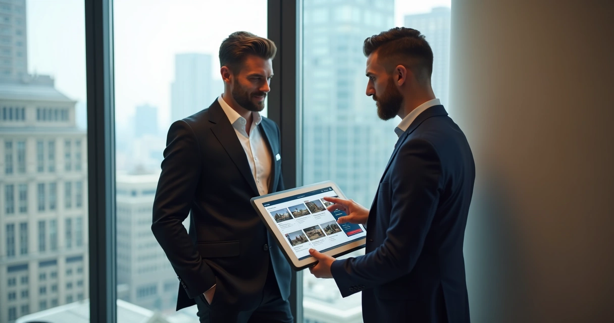 Corretor mostrando imóvel de alto padrão em tablet para cliente elegante 