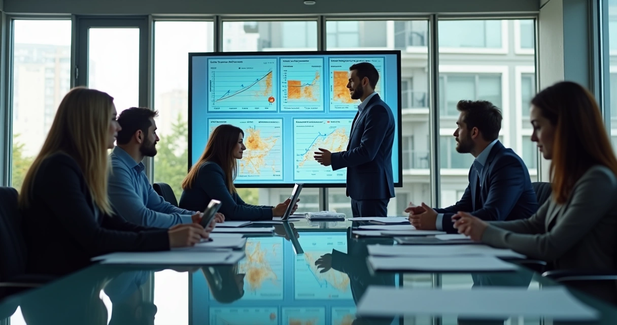 Equipe de vendas imobiliárias avaliando gráficos em tela grande 