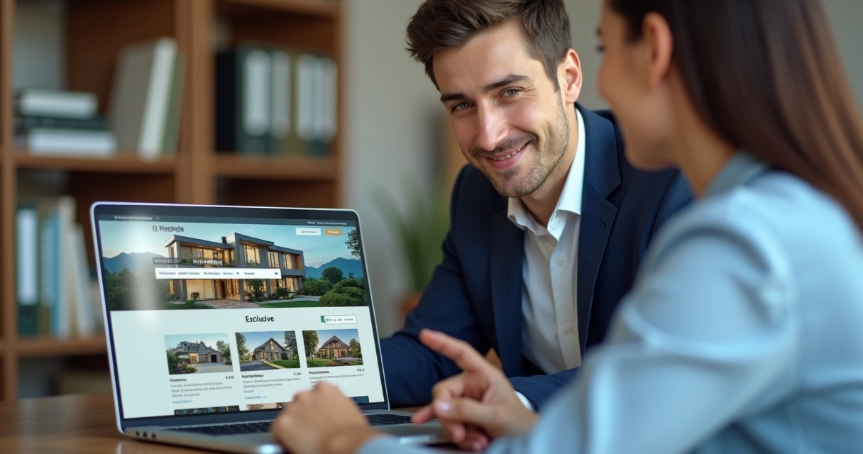Corretor mostra site personalizado em um notebook para um cliente. 