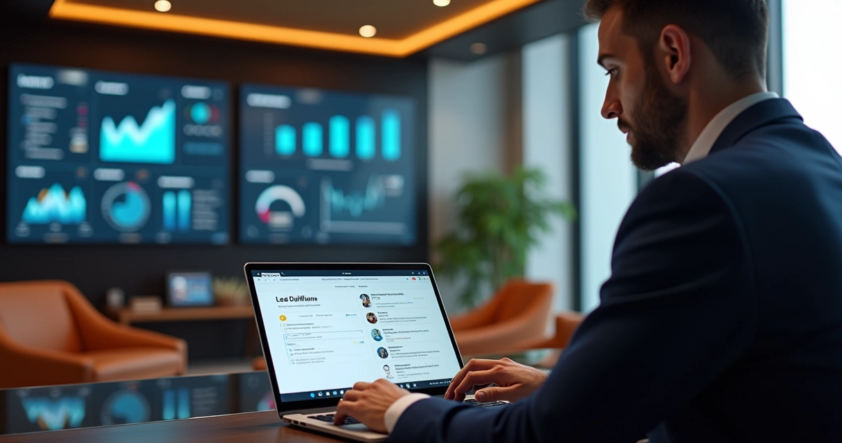 Corretor imobiliário usando assistente de inteligência artificial em laptop no escritório moderno 