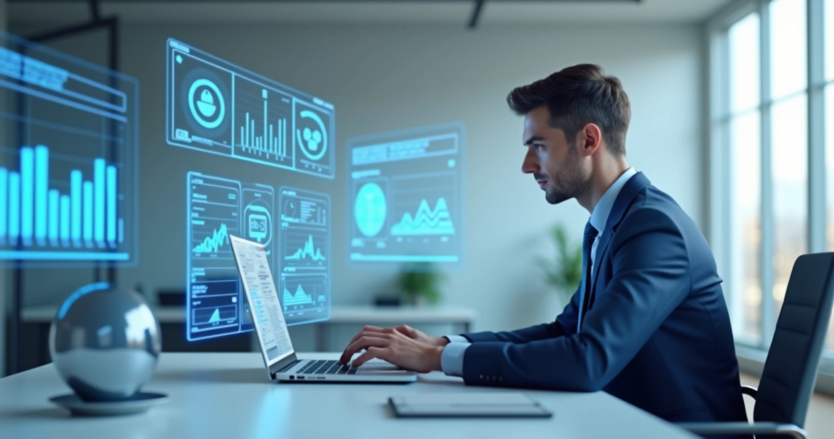 Parcerias no setor de seguros: corretores como canal Corretor de seguros usando laptop com dashboard digital de seguros