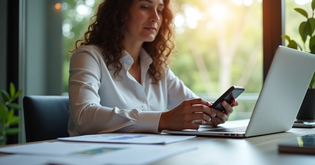 Corretor de imóveis usando celular e laptop para enviar mensagens a leads 