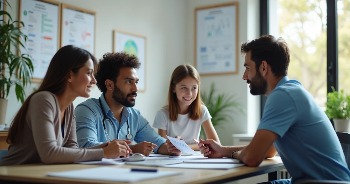 Corretor explicando plano de saúde em uma mesa para família 