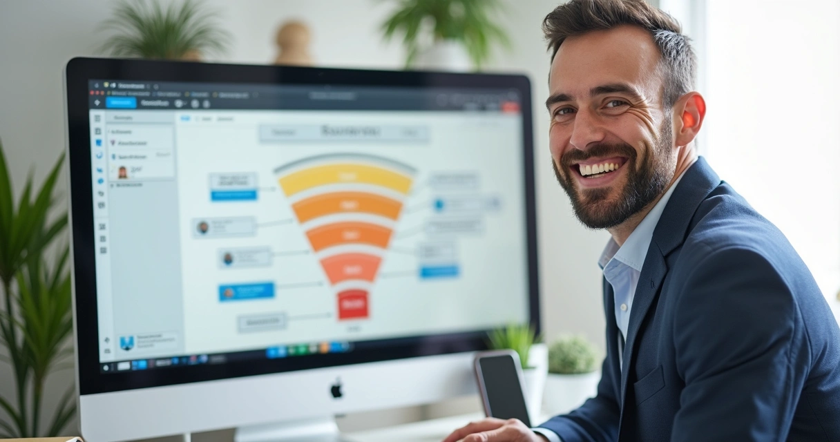 Corretor sorridente usando plataforma digital para atendimento eficiente