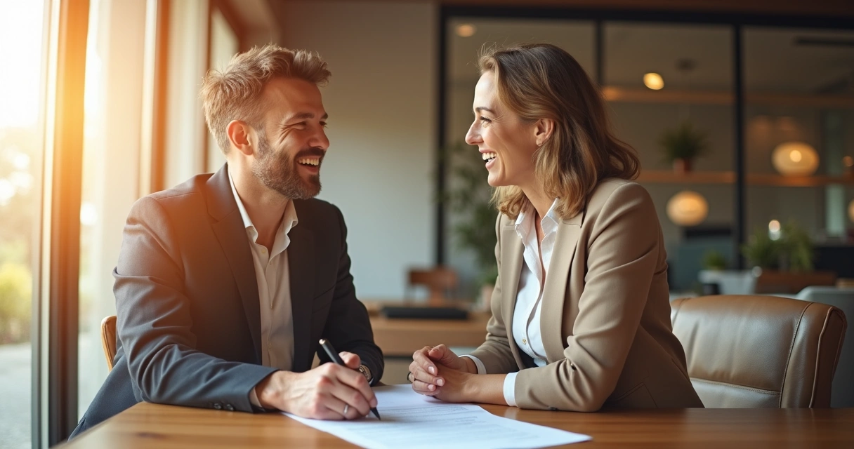 Corretor conversando com cliente satisfeito, ambos sorrindo próximo a uma mesa com papéis de contrato 