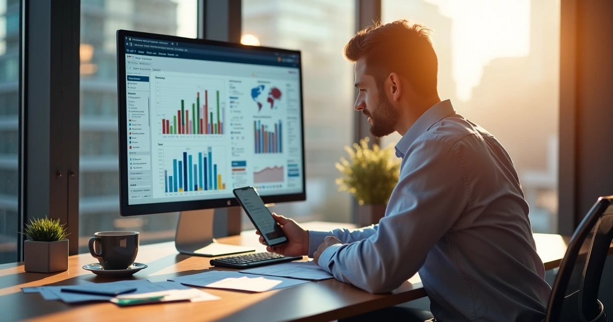 Corretor de imóveis usando ferramentas digitais, incluindo computador e smartphone, com gráficos e anúncios na tela 