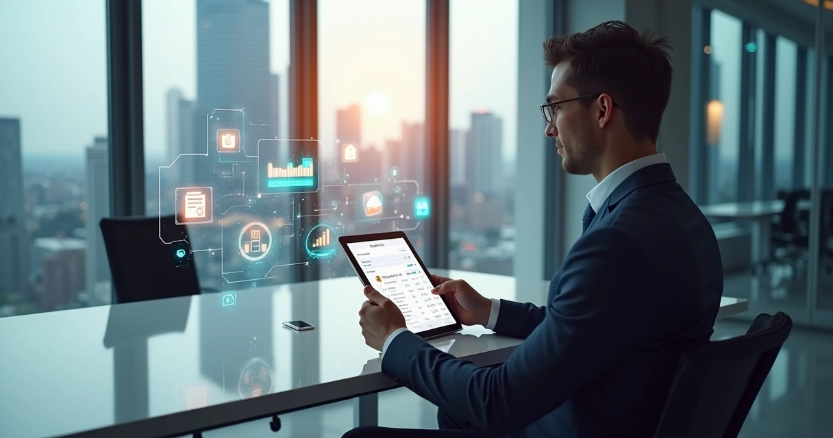 Corretor imobiliário usando tablet para gerenciar leads digitalmente em escritório moderno 