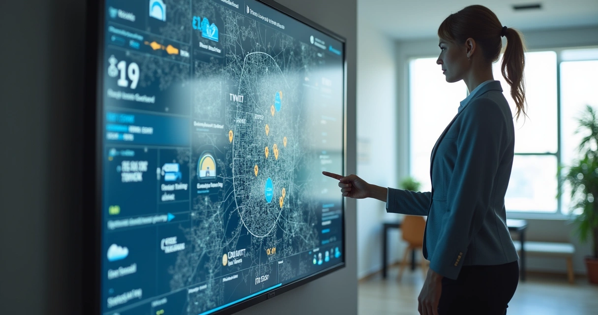 Corretor interagindo com tela digital de IA mostrando imóveis disponíveis