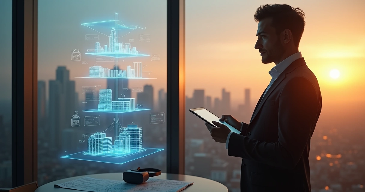 Corretor de imóveis observando hologramas de IA com prédios e dados em um tablet 