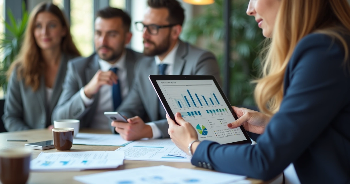 Corretor de imóveis analisando dados de leads qualificados em tablet na mesa de reuniões 