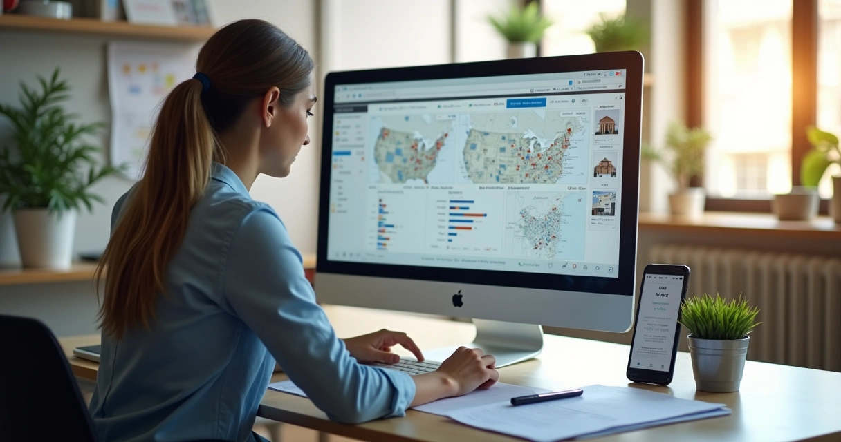 Corretor analisando dados de clientes em computador 