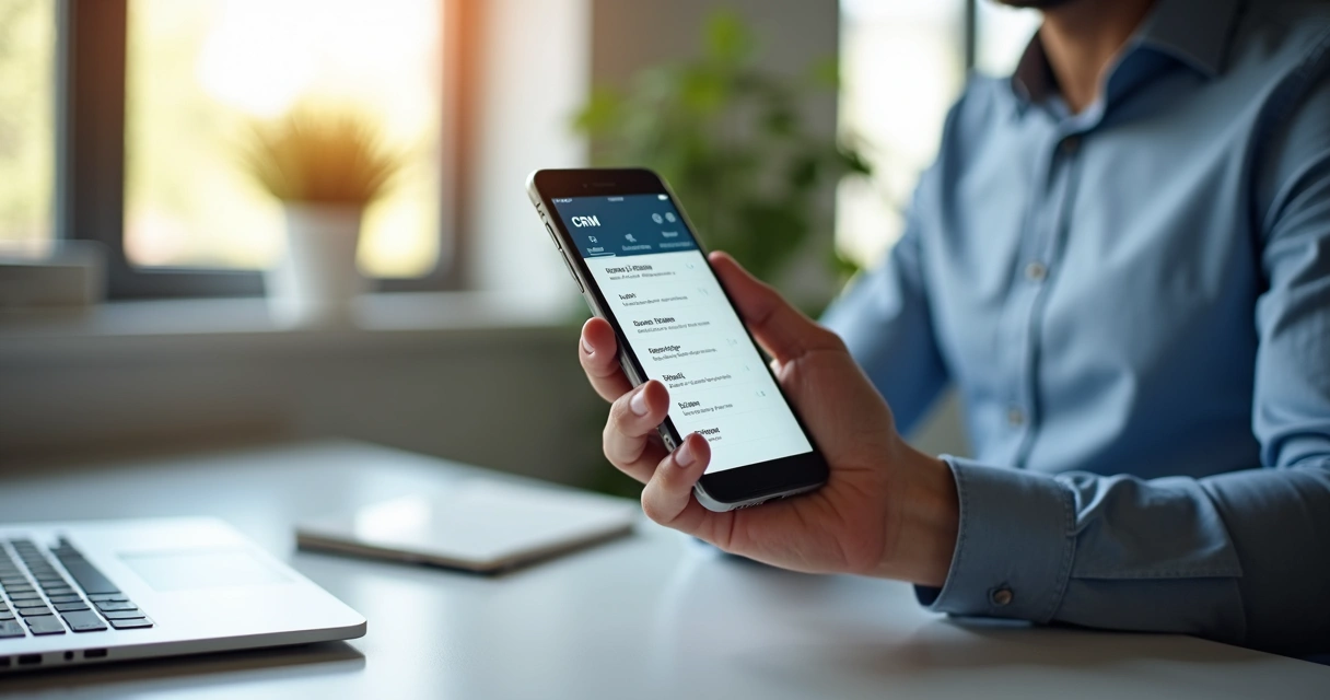Corretor de imóveis usando aplicativo de CRM em smartphone com notificações 