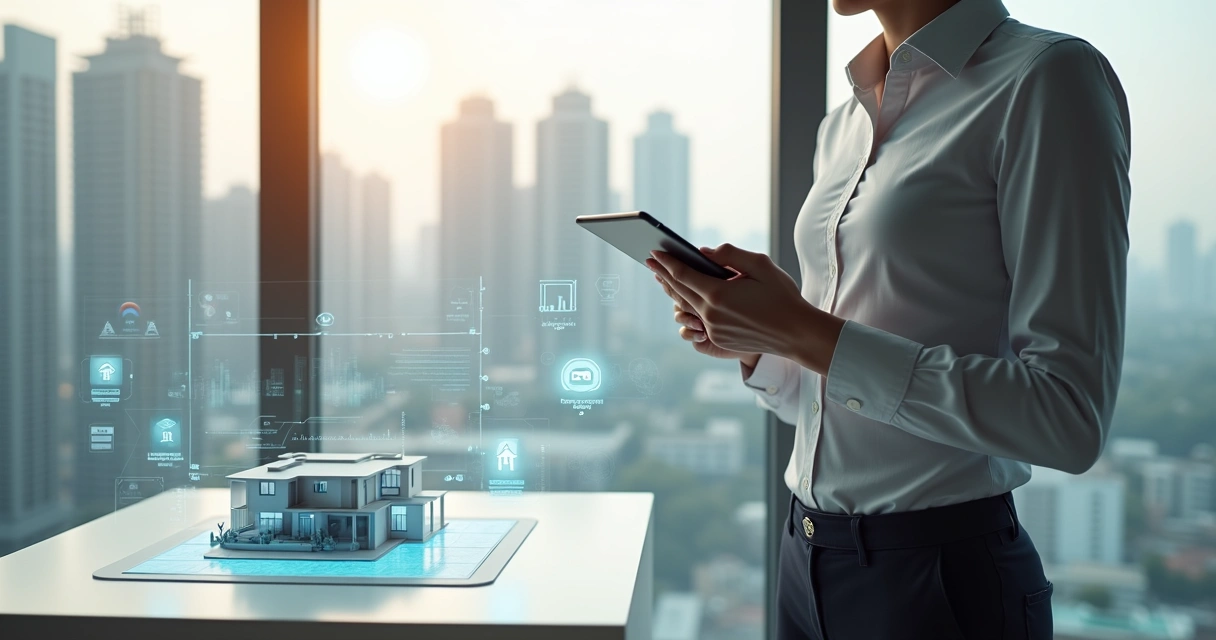 Corretor imobiliário usando tablet com assistente virtual de IA sobre planta de apartamento 