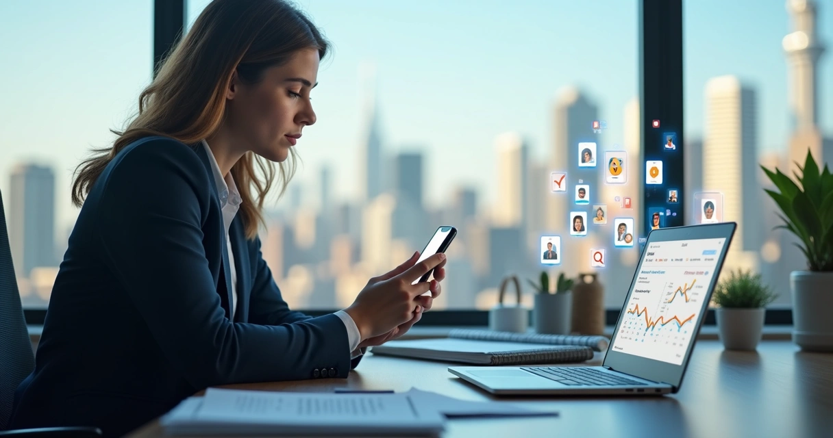 Corretor imobiliário usando assistente virtual de inteligência artificial no celular com gráficos de imóveis ao fundo