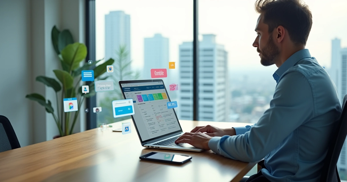 Corretor de imóveis gerenciando leads em CRM no notebook 