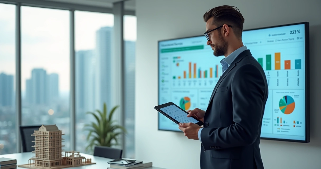 Corretor imobiliário em pé usando tablet e smartphone com painel de CRM ao lado de maquete de prédio 