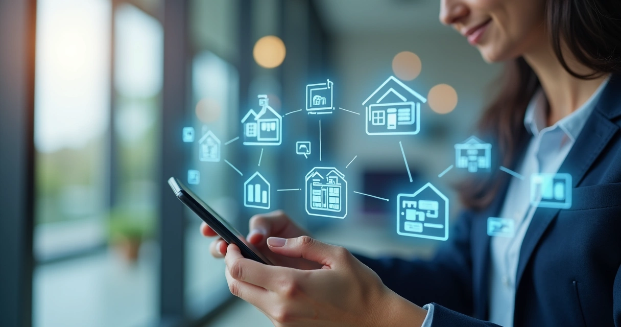 Corretor imobiliário usando celular com gráficos digitais ao redor 