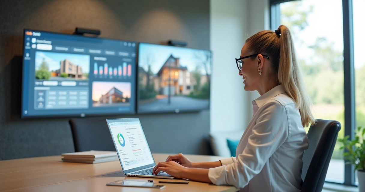 Corretor de imóveis usando plataforma digital com tela de computador e agenda virtual 