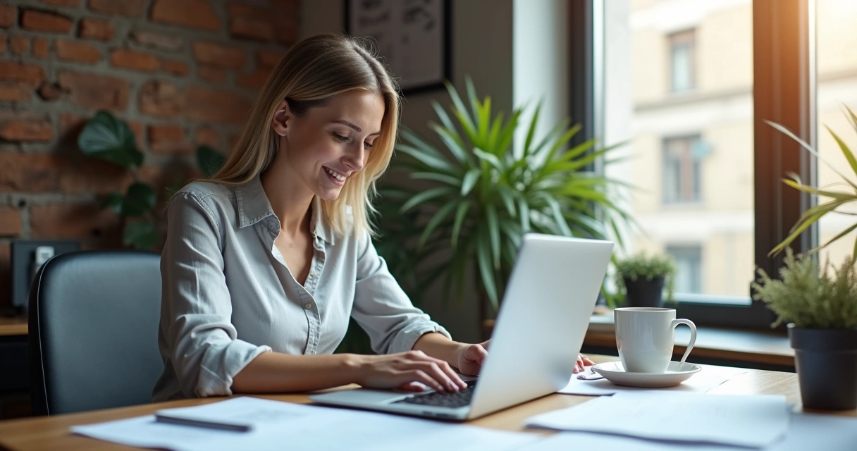 Corretor de imóveis digitando no notebook ao lado de papéis e uma xícara 