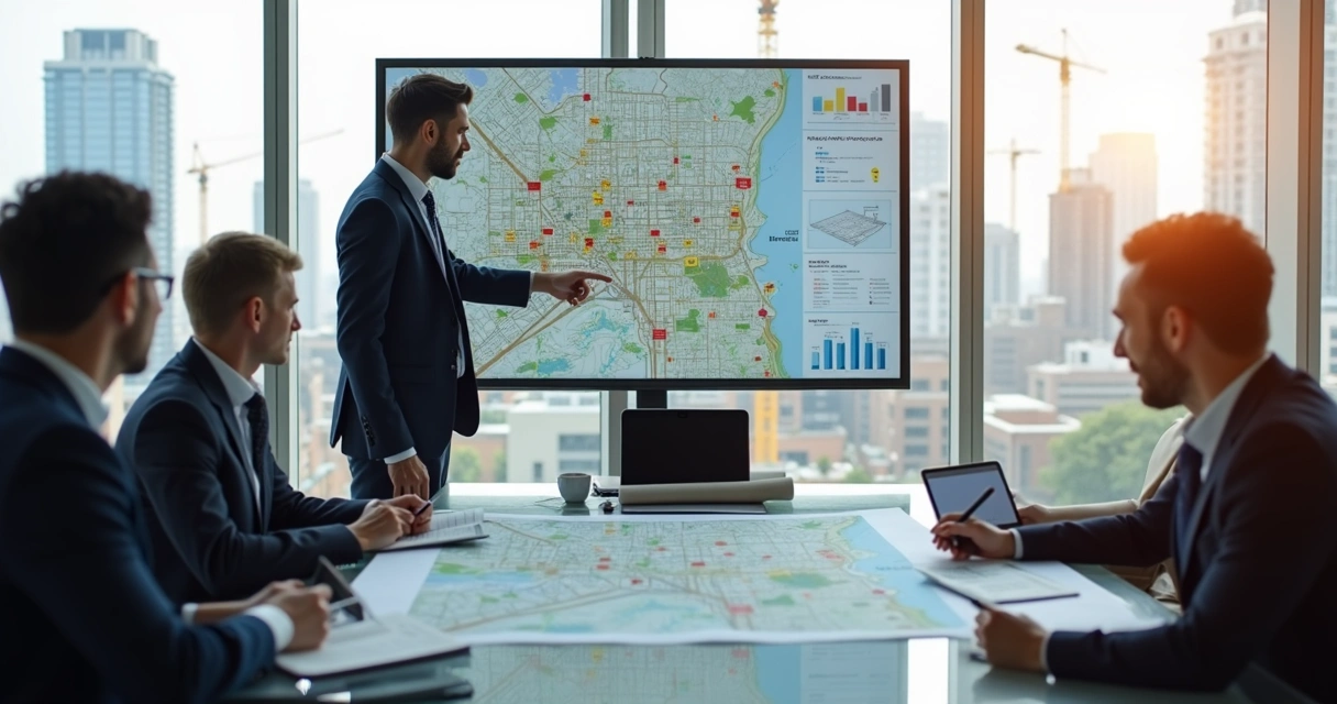 Corretor imobiliário apresenta mapa e dados em reunião estratégica sobre novo empreendimento 