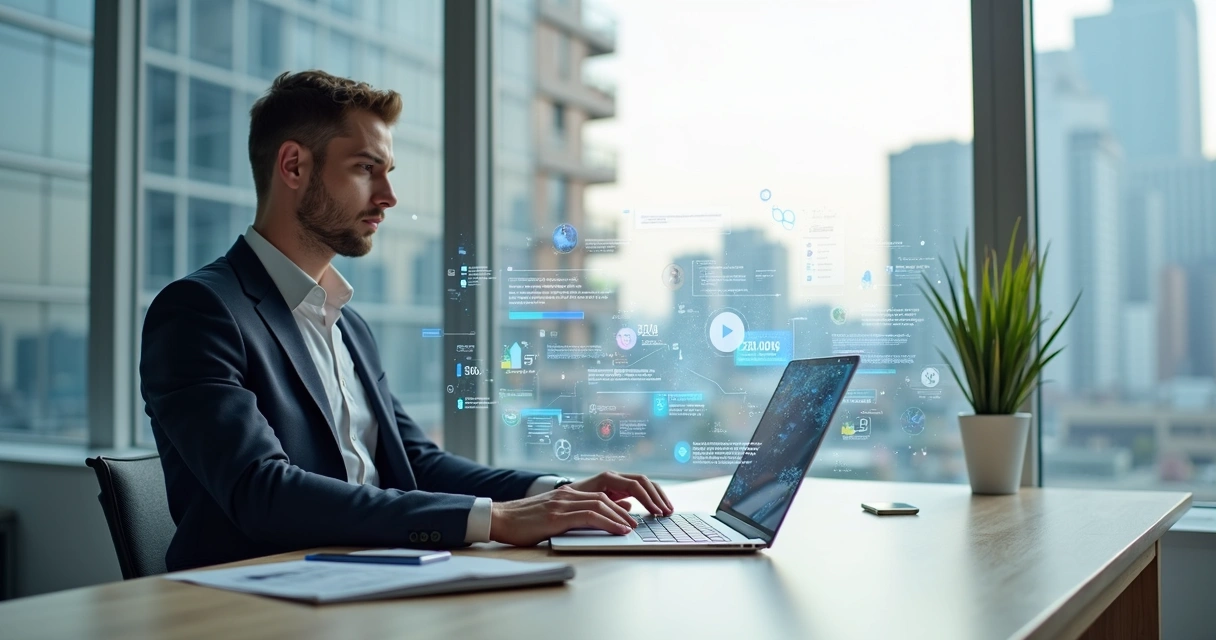 Corretor imobiliário usando CRM com gráficos e ícones de inteligência artificial 