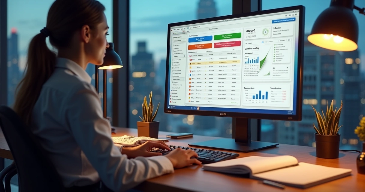 Corretor imobiliário analisando lista de contatos em tela de computador