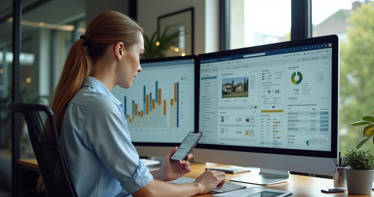Corretor de imóveis usando sistema de CRM imobiliário em computador e celular. 