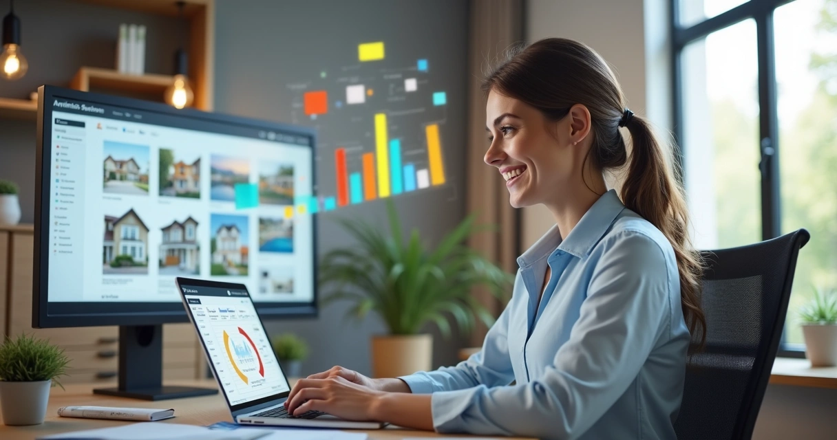 Corretor de imóveis trabalhando em laptop com gráficos e agenda aberta ao fundo. 