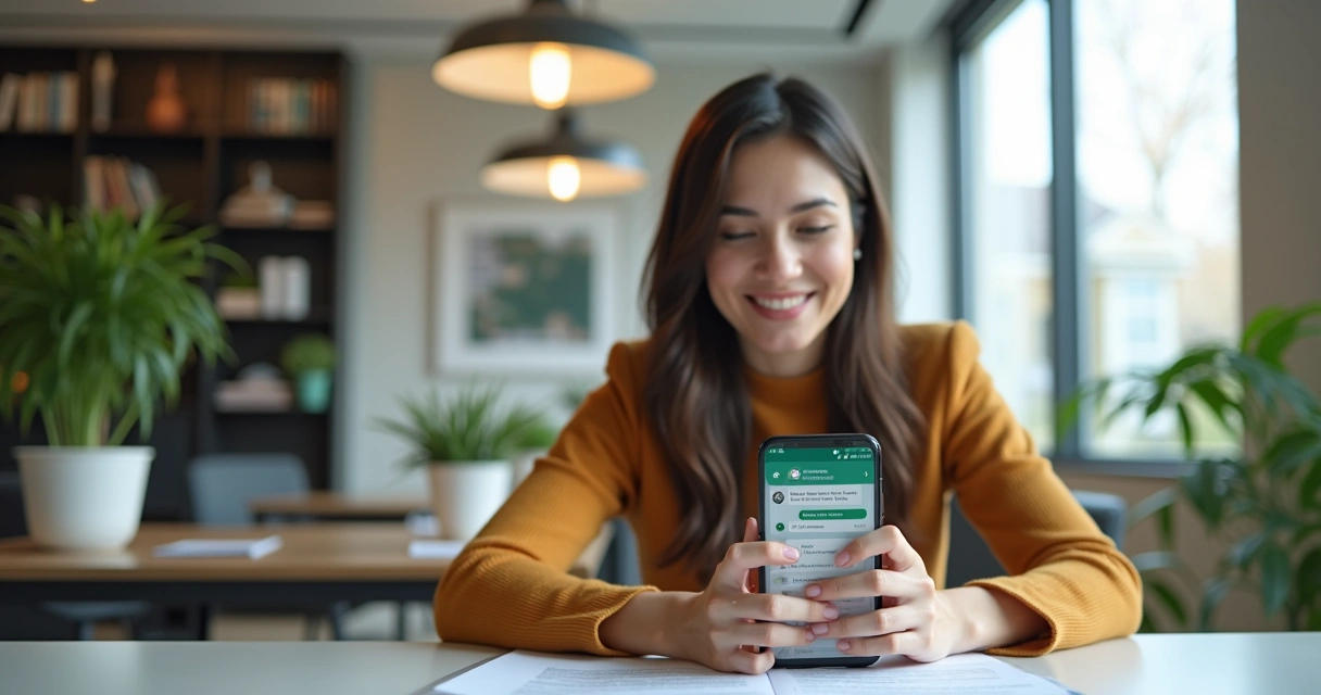 Corretor imobiliário usando smartphone com interface do WhatsApp aberta, tela com mensagens e contatos ativos, ao fundo escritório moderno com plantas e decoração elegante 