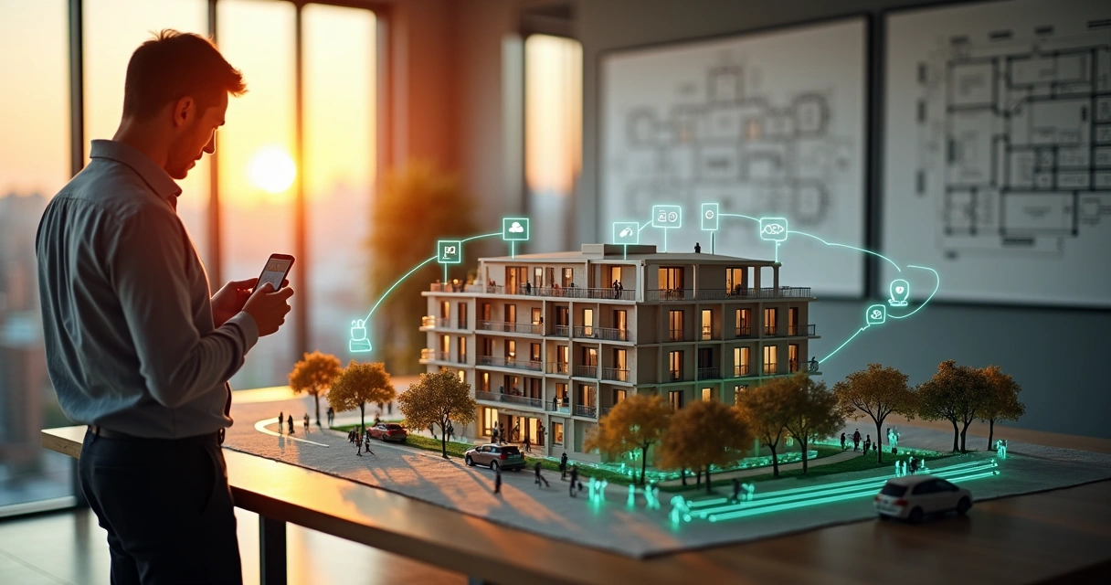 Corretor de imóveis usando WhatsApp sobre uma grande maquete de prédio inteligente 