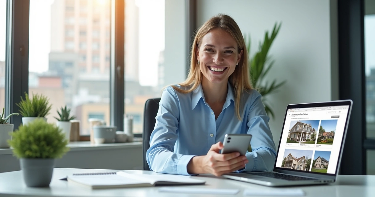 Corretor usando computador e celular para gerenciar imóveis 