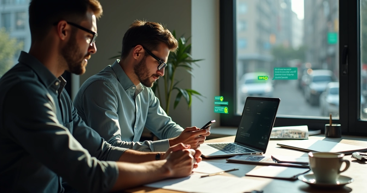Corretor de imóveis sentado à mesa usando smartphone com mensagens no WhatsApp visíveis e laptop aberto ao lado