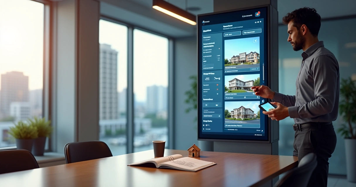 Corretor de imóveis ajustando layout de site imobiliário em grande tela digital 