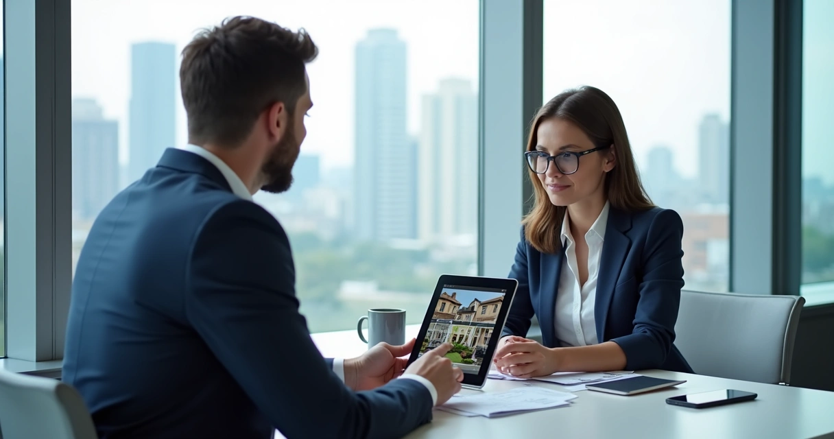 Corretor de imóveis utilizando tablet para atendimento ao cliente 