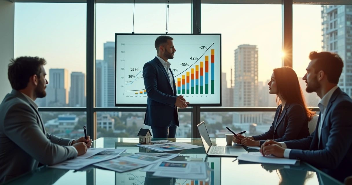 Corretor de imóveis mostrando gráfico de ganhos em 2025 para clientes em escritório moderno 