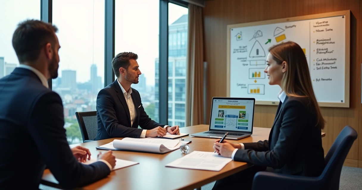 Corretor de imóveis apresentando proposta a casal em reunião profissional 