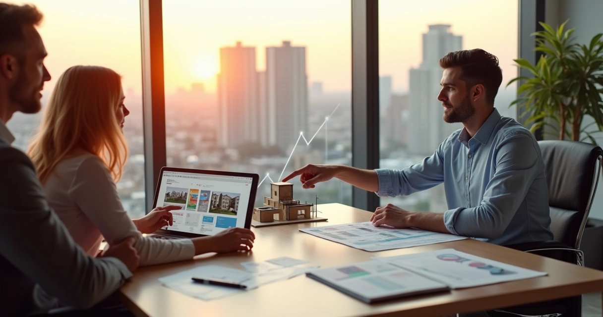 Corretor de imóveis em reunião com casal analisando opções de imóveis em tablet e gráfico de vendas na sala de reuniões 