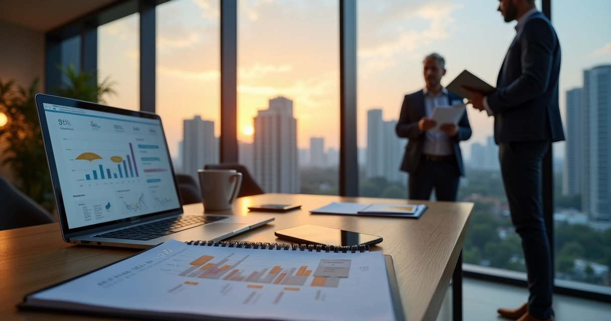 Corretor de imóveis analisando gráficos de vendas em frente a imóveis modernos 