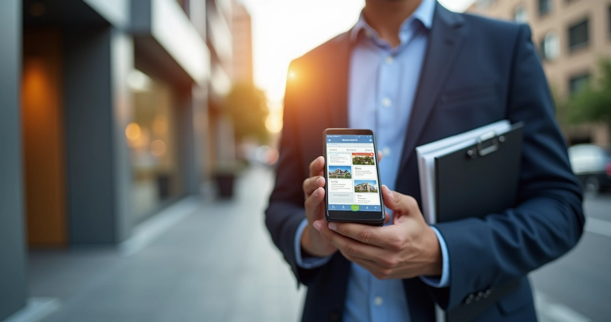 Corretor de imóveis usa aplicativo de CRM no smartphone durante visita a imóvel 