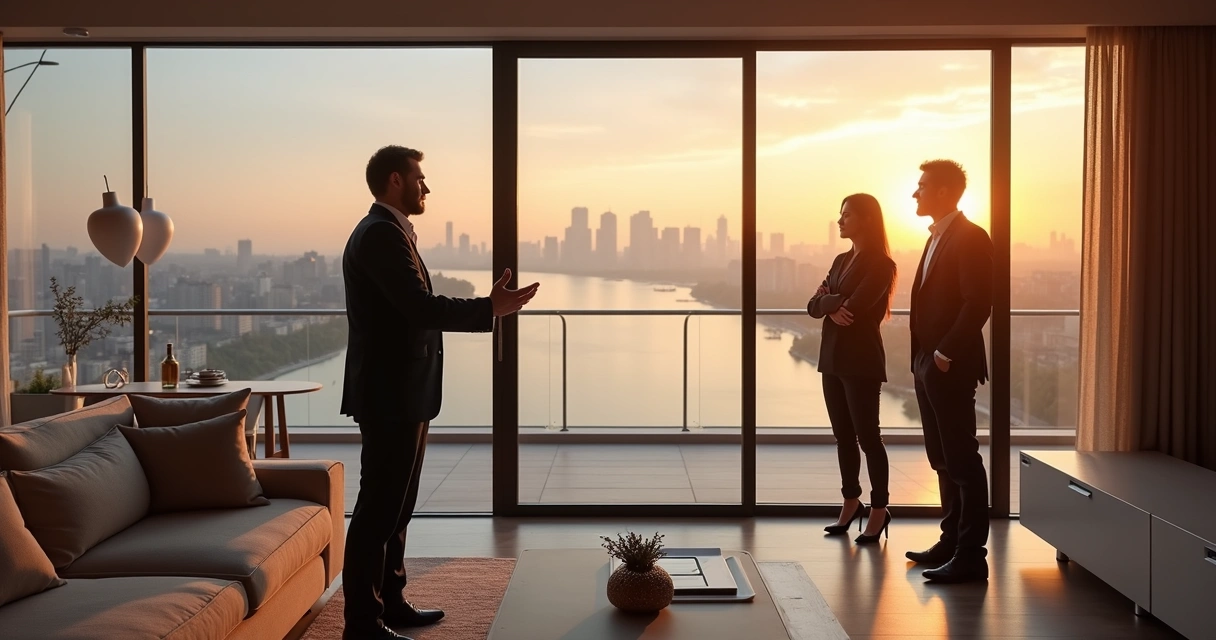 Corretor guiando casal em visita a apartamento de luxo com vista panorâmica 