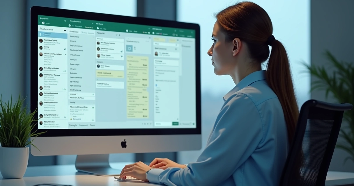 Corretor de imóveis ao lado de computador com conversas de WhatsApp recebendo informações do sistema de IA 
