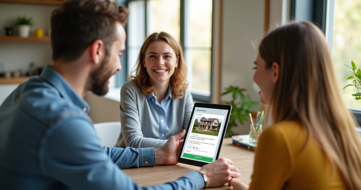 Corretor de imóveis usando tablet para mostrar landing page 