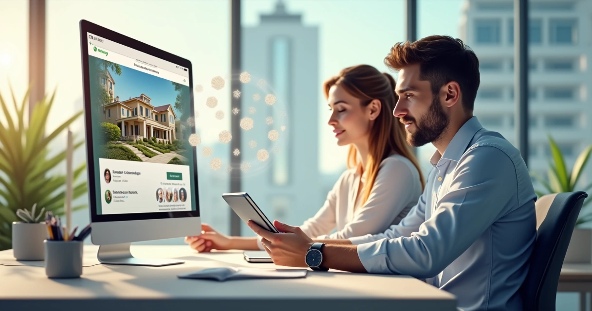 Corretor com tablet mostrando imóvel em conversa digital