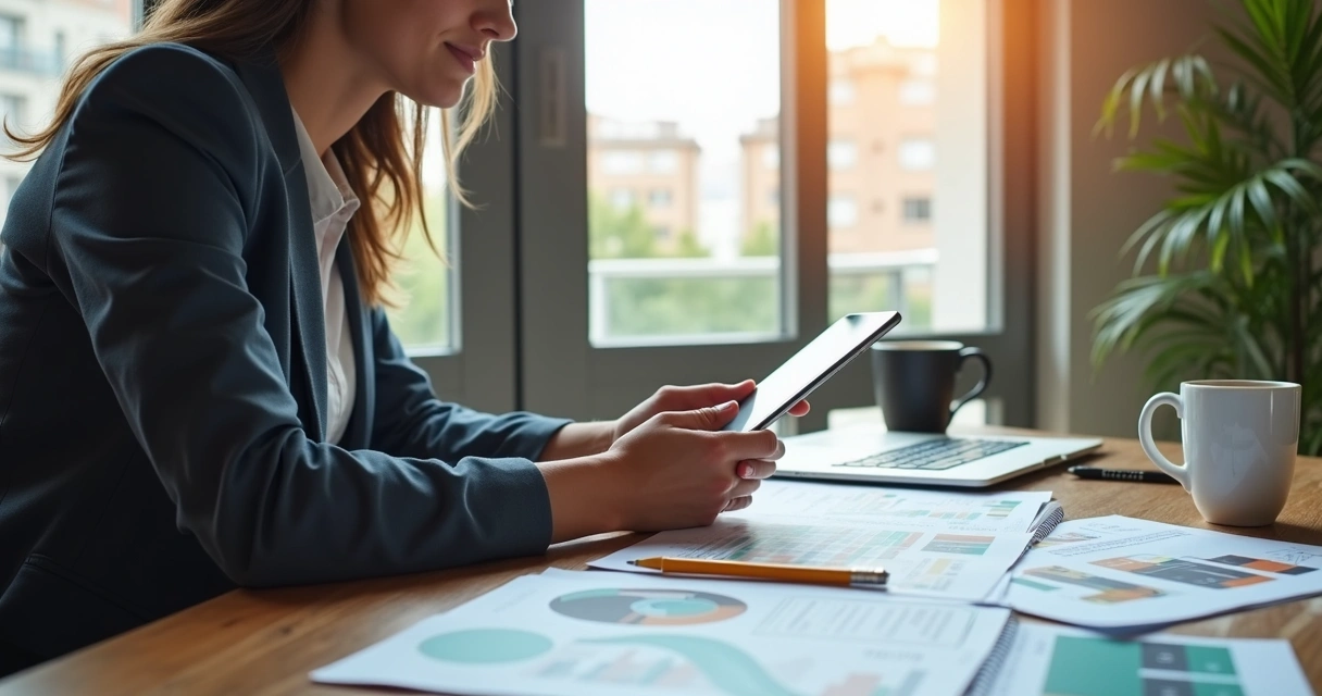 Corretor analisa dados e conversa com cliente pelo celular, documentos sobre mesa 