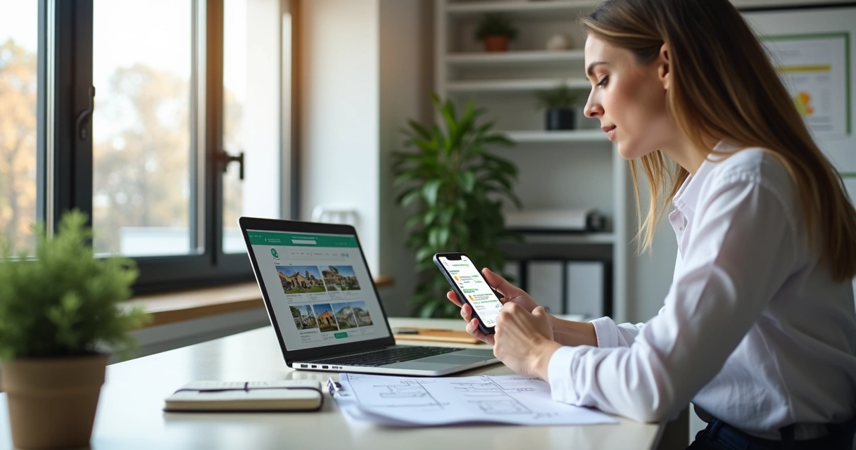 Corretor de imóveis usando smartphone com interface do WhatsApp aberto, em ambiente de escritório moderno e organizado com planta baixa e computador ao fundo