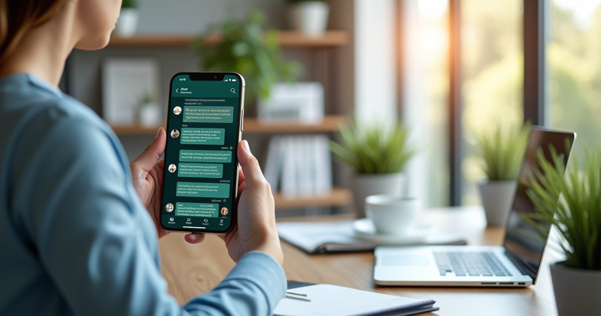 Corretor utilizando smartphone com tela exibindo integração do WhatsApp API em sistema CRM imobiliário 