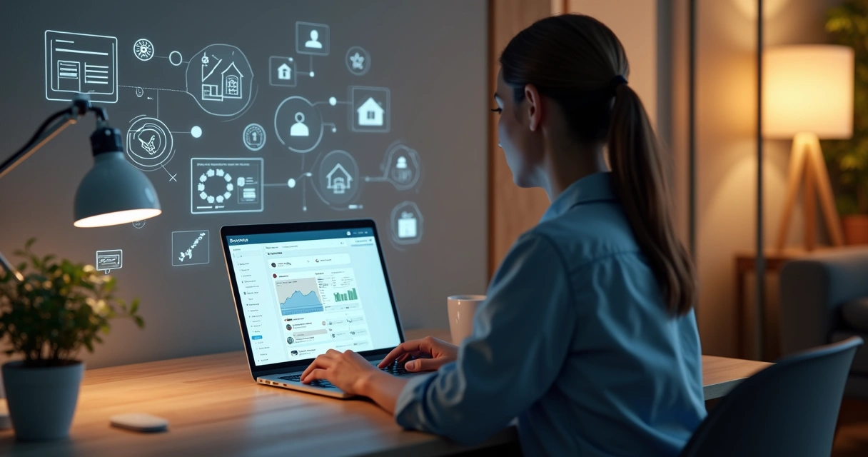 Corretor imobiliário usando inteligência artificial no escritório