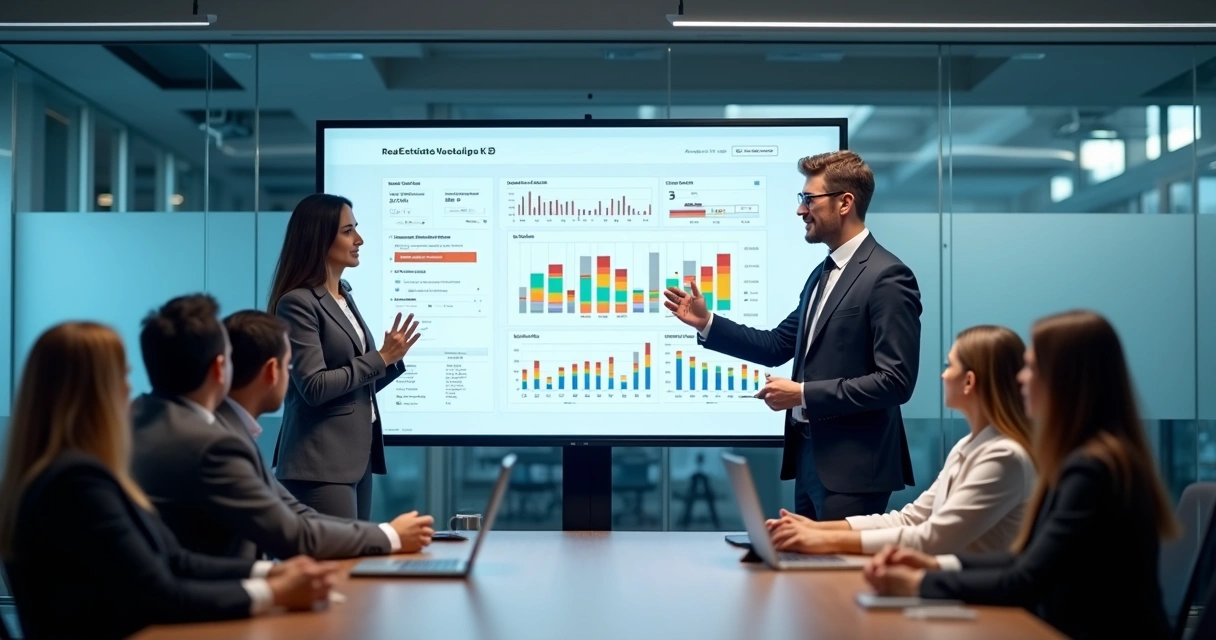 Corretor apresentando resultados de vendas para equipe em tela grande